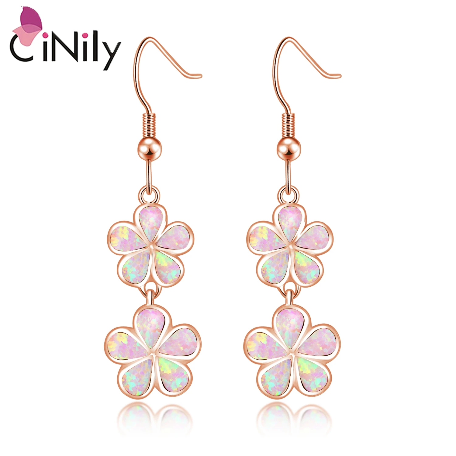 

CiNily Pink Fire Opal Drop Dangle Earrings Rose Gold Plated Flower Long Earring Flora Bohemia BOHO Fashion Jewelry for Women
