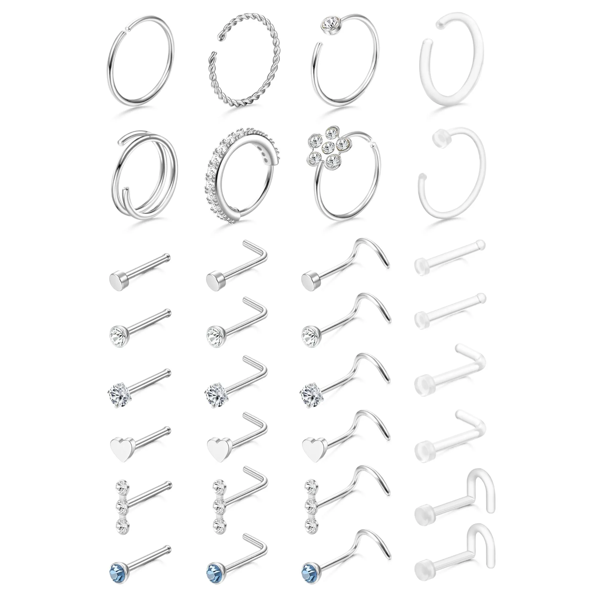 32Pcs Surgical Stainless Steel Nose Rings for Women Men L Shape/Straight Nose Studs Hoop Cartilage HeliPiercing Jewelry