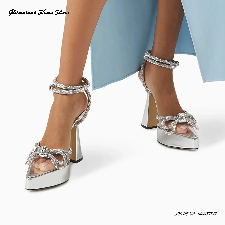 

Double Butterfly-knot Crystal Platform Pumps Women's Pointed Toe PVC and Satin Sandals Spring Summer Buckle Strap High Heels