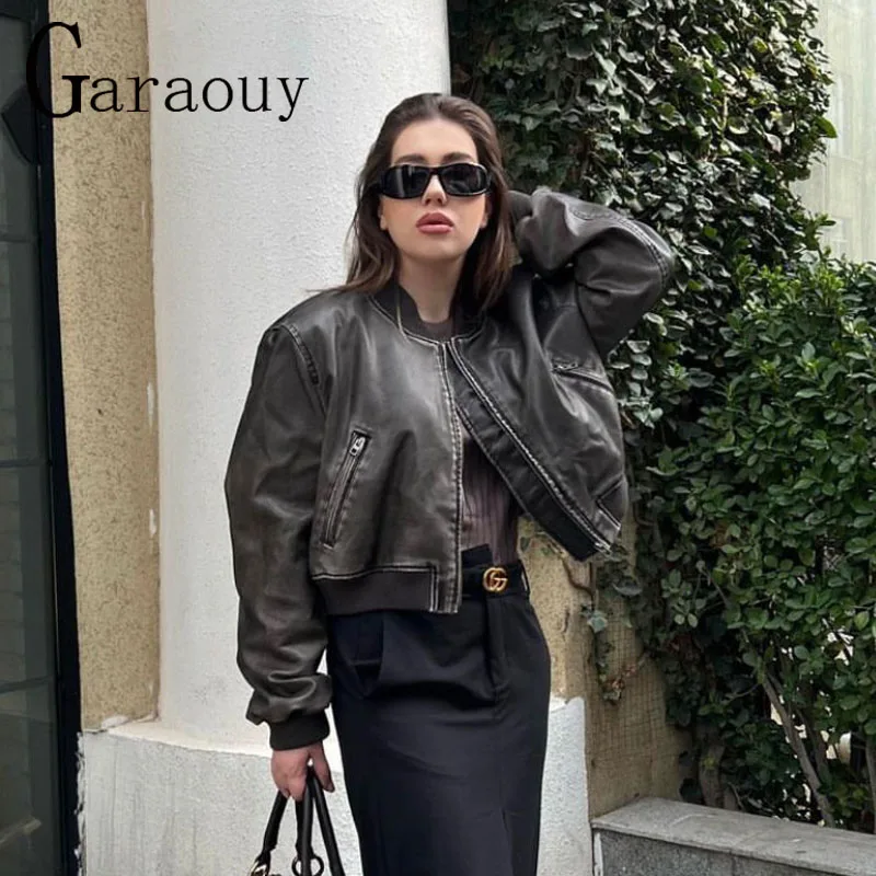 Garaouy 2023 Women Faux Leather Short Motorcycle Jacket Chic Vintage PU Zip Baseball Jackets Coats Y2k Outwear Femme Streetwear