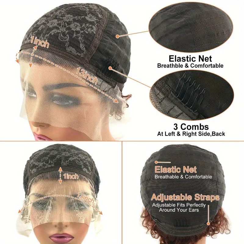 13x1 Lace Frontal Wig Pixie Wig Curly Human Hair for Women, Daily Use, Natural Look, Easy to Style, Comfortable Fit