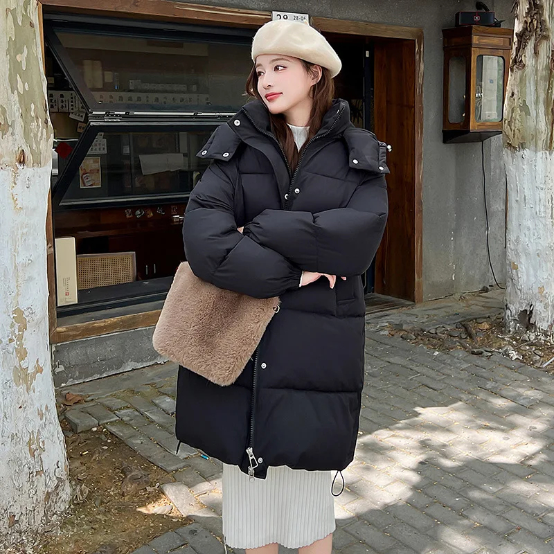 Thick Parkas Women Zipper Loose Casual Midi Length Coat Solid Jacket Pocket Elegant Warm Jackets Office Lady Autumn Winter