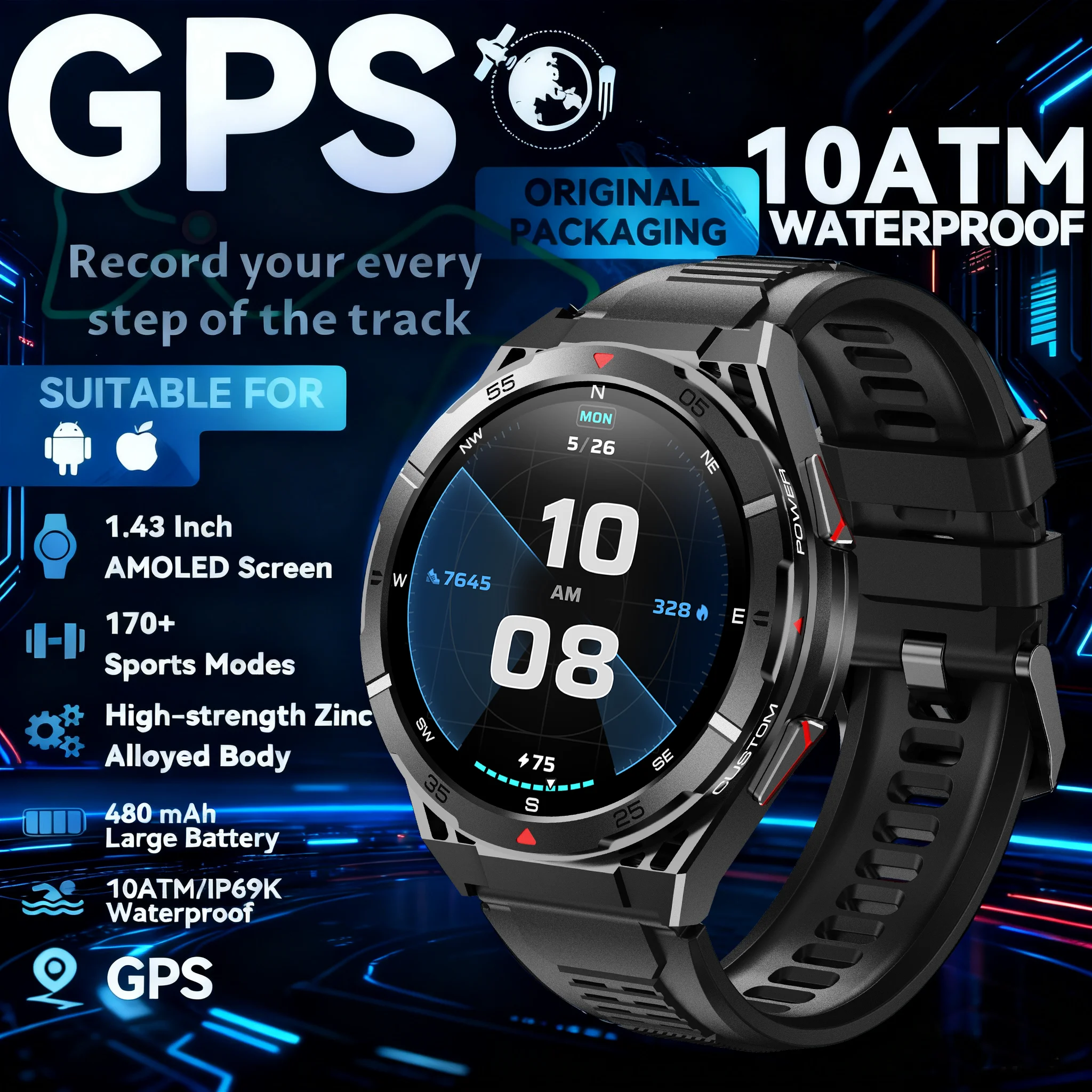 

2025 New Dual-Band satellite GPS SmartWatch Men IP69 10ATM Waterproof 1.43'' AMOLED Screen Compass Heart Rate BT Call SmartWatch