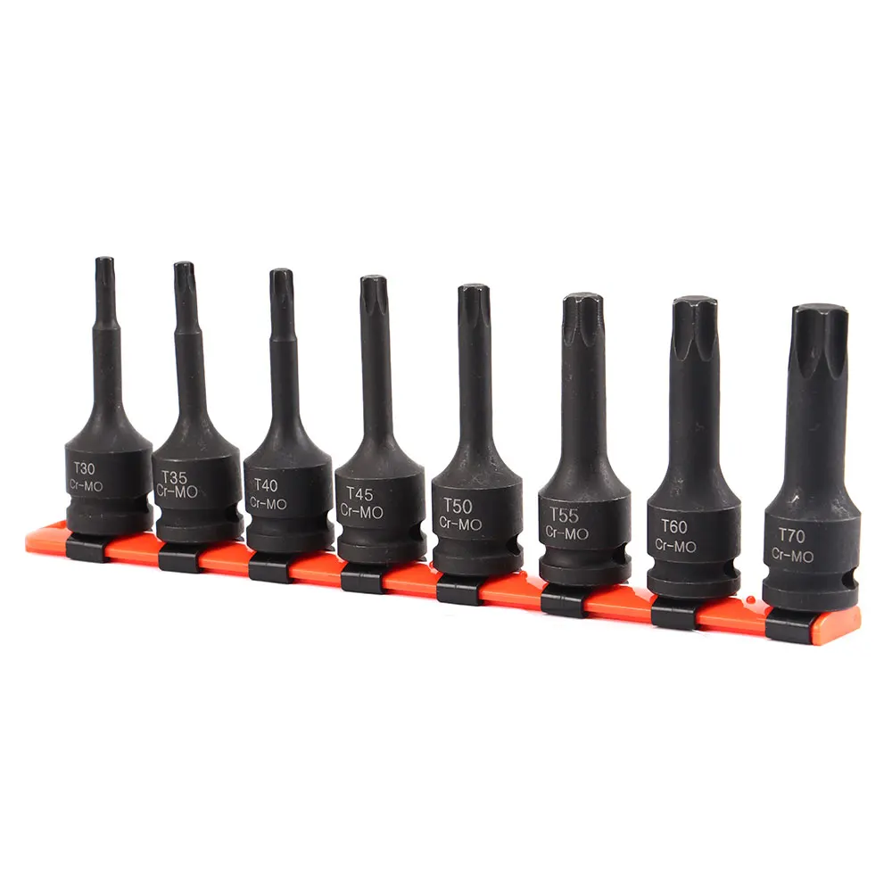 8 шт., набор гнезд Torx T30, T35, T40, T45, T50, T55, T60, T70 с пластиковой стойкой, 1/2 дюйма, Квадратный привод, никелированный