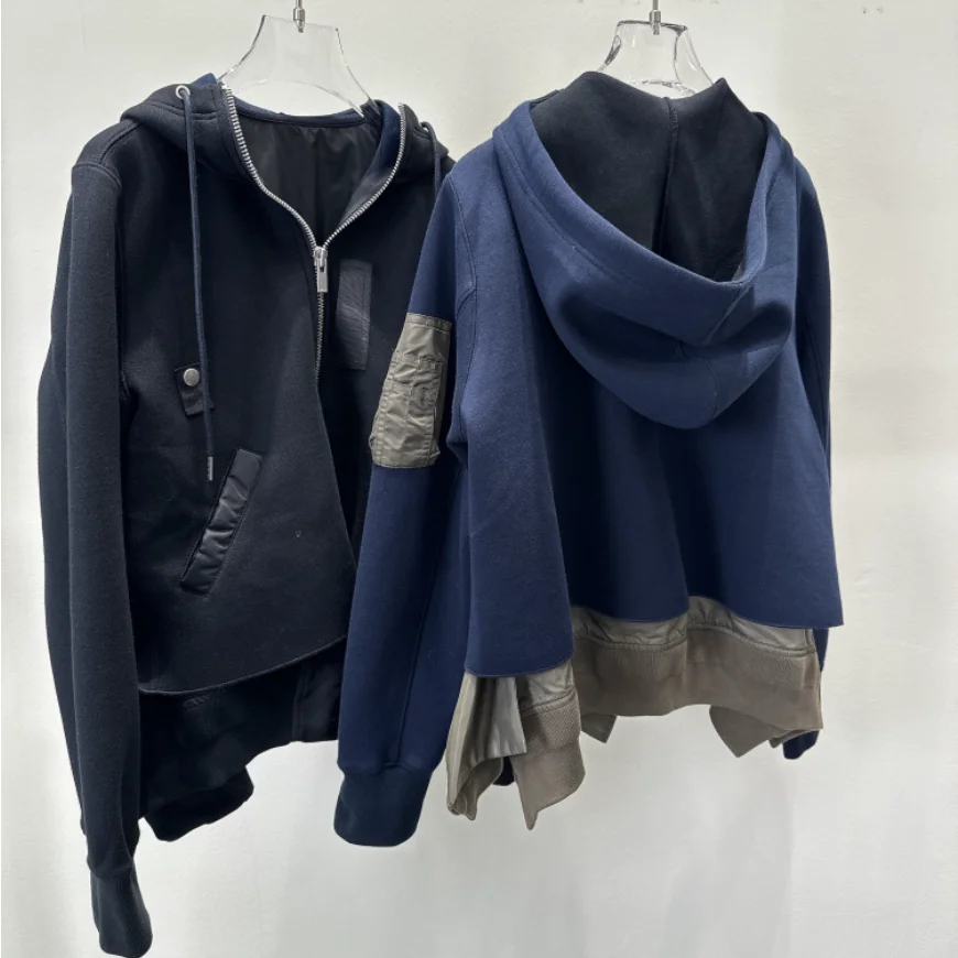2025 Autumn New Japanese Niche Design Deconstructed Style Color- Block Spliced Irregular Hooded Jacket Women's Loose Trendy Coat