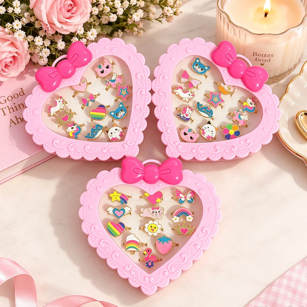 12Pcs Multiple Styles of Children's Cartoon Adjustable Ring Sets, Colorful Heart Bow Gift Box, Girls' Birthday Party Gifts