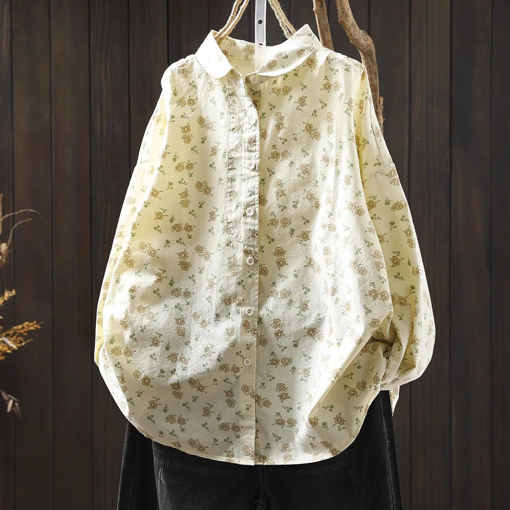 Enianechu 自然綿女性の長袖トップ韓国ファッションピーターパン襟ブルー花柄シャツブラウス Vntage 服