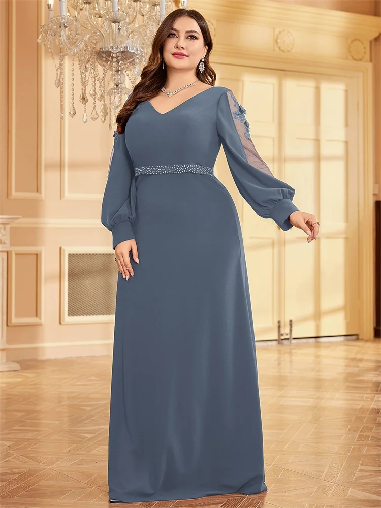 Xuibol Plus Size Elegante Blauwe Applique Avondjurk 2024 Vrouwen Formele Maxi Lange Mouwen Feestjurk Luxe Cocktail Prom