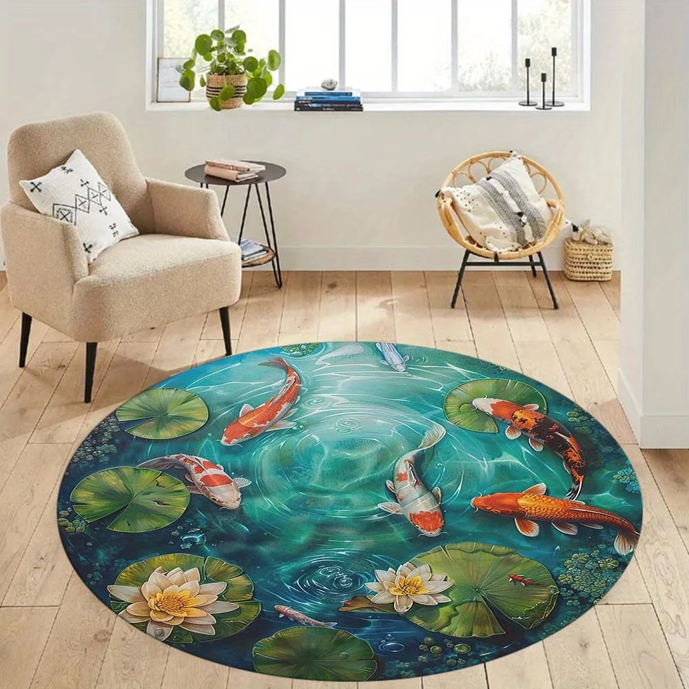 

Хрустальный бархатный ковер1 шт. Круглый коврик Koi Fish — 2D плоский принт, нескользящая резиновая подложка, только для мытья рук, яркая водная лилия Po