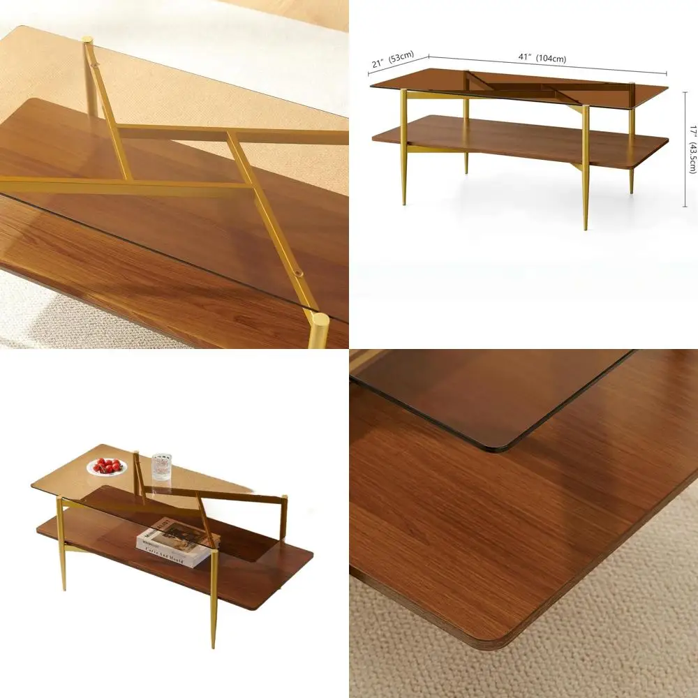 

Mid-Century Rectangular Coffee Table with Amber Glass, Walnut Shelf, Gold Legs