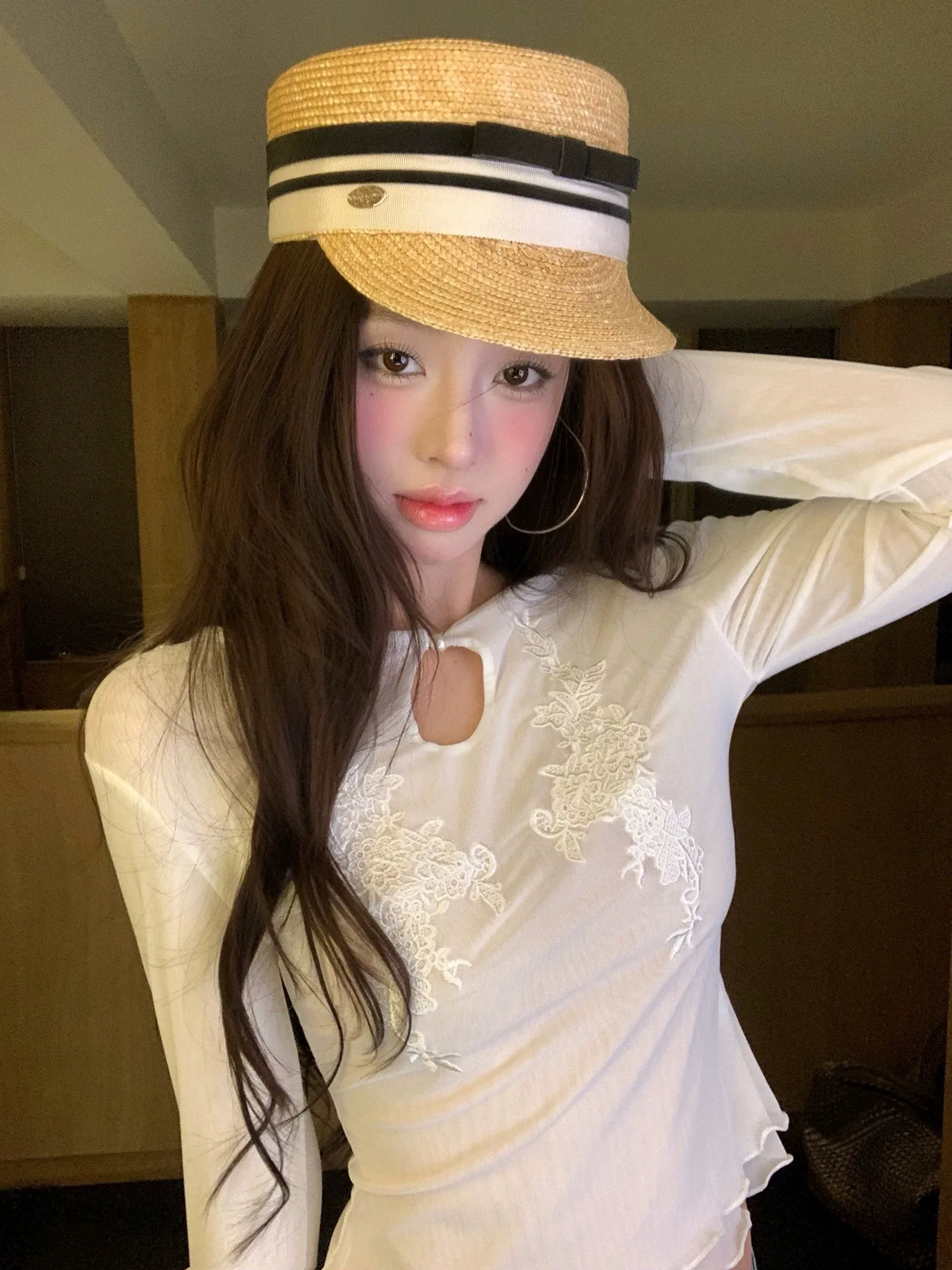 Hot Girl Retro Thin Long Sleeve T-Shirt Pure Style New Chinese Vibe Top for Women Sexy Sheer Mesh Blouse with Complex Embroidery