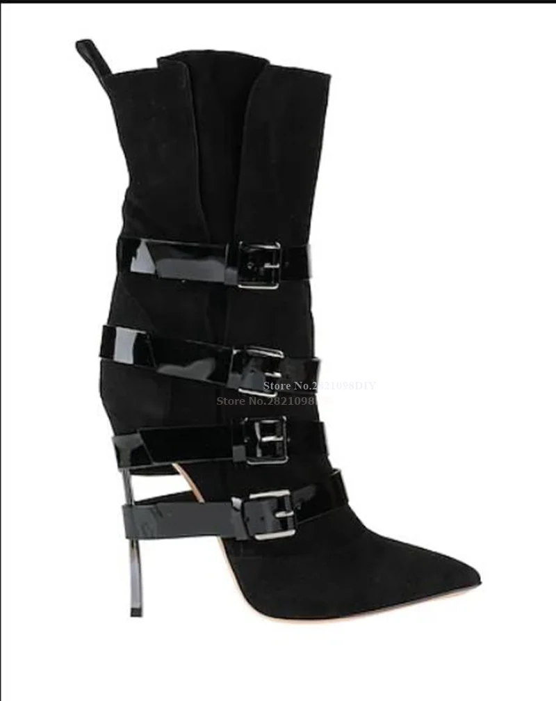 

Buckle Straps Suede with Patent Leather Narrow Toeline Spike Heel Pointy Toe Thin Heel Boot Women Stiletto Heeled Bota