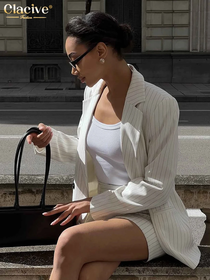 Clacive Fashion Loose Stripe Print Two Piece Outfits Woman 2025 Elegant Long Sleeve Blazer With High Waist Mini Skirt Set Female