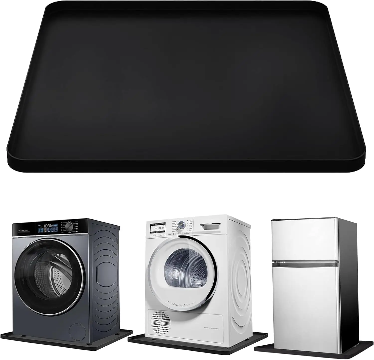 

27x27 Inch Silicone Washer Drain Pan, Non-Slip Floor Protector with Raised Edge, Black