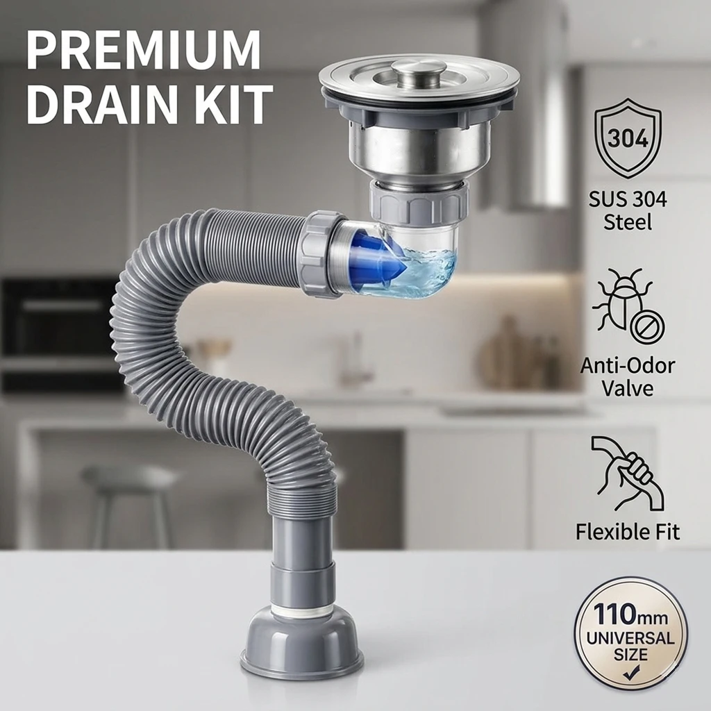 304 Stainless Steel Kitchen Sink Drain Kit, Anti-Clog Deodorizing Hose, Retractable, Easy Install, Universal Single & Mop Sink