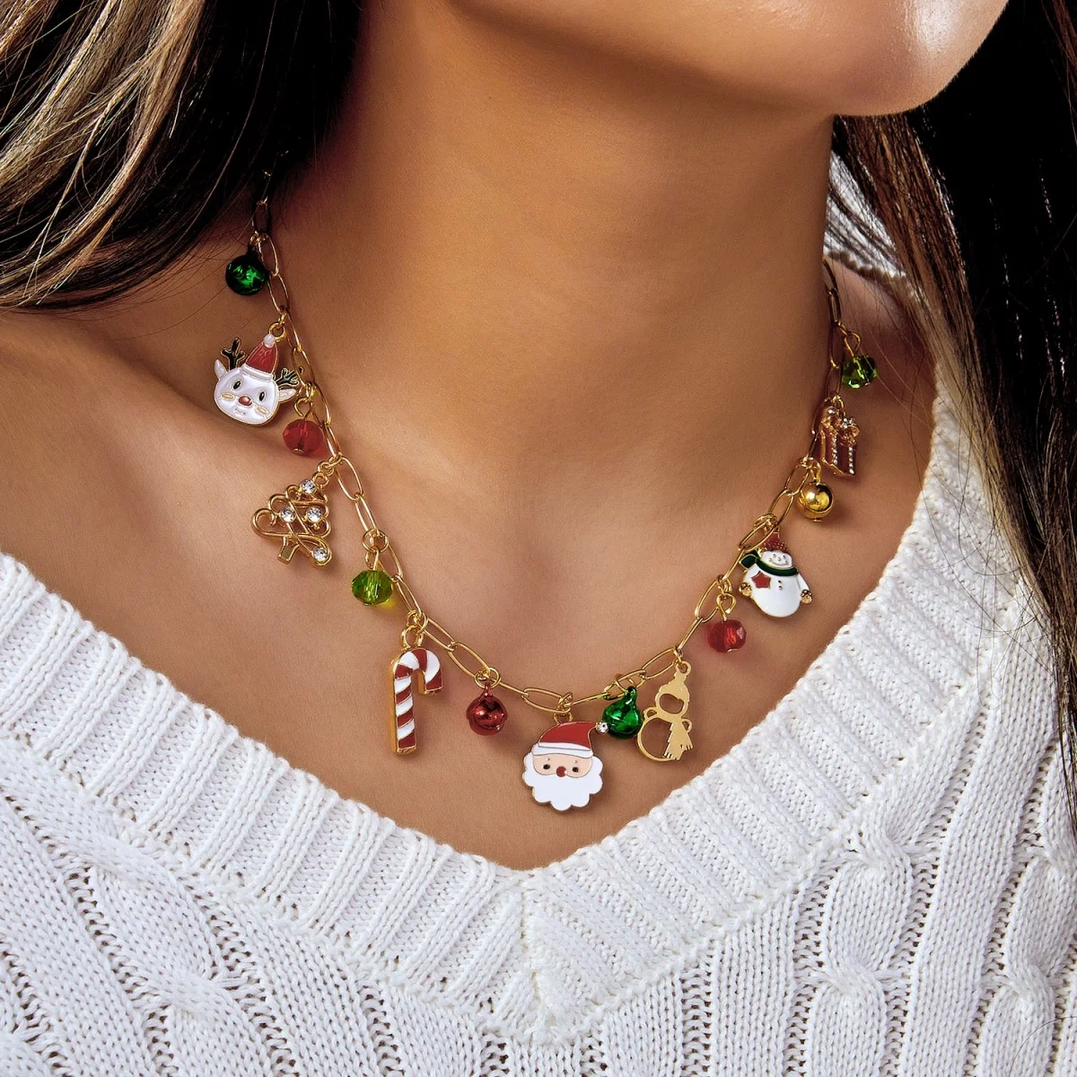 Christmas Charm Santa Claus Necklace for Women Enamel Reindeer Snowman Bell Imitation Pearl Pendant Choker Holiday Jewelry Gift