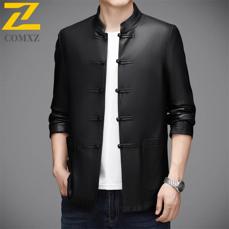 Mens Leather Jacket 2025 Winter High Fashion Stand Collar Knot Button Leather Coat Vintage Style Fashion Traditional Outerwear