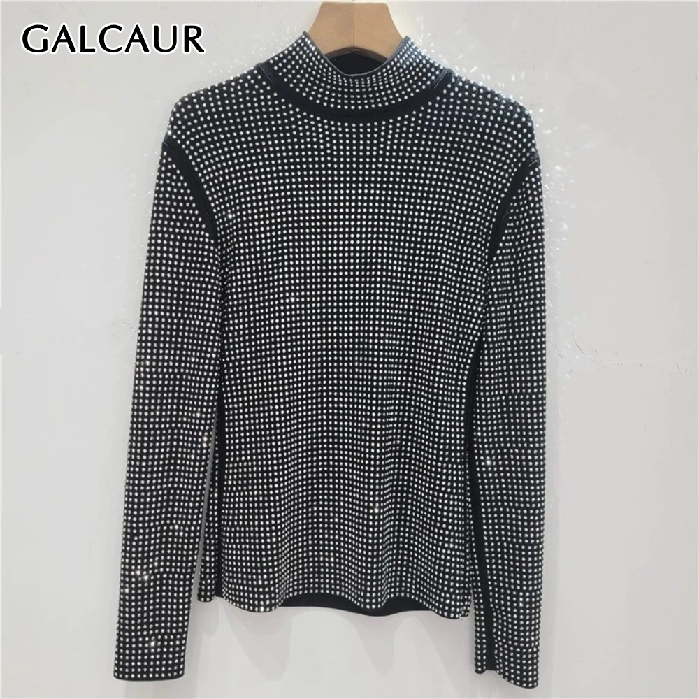 

GALCAUR черная женская рубашка со сращенными бриллиантами и круглым вырезом с длинным рукавом, свободные базовые женские рубашки High Street, летний стиль, модная новинка