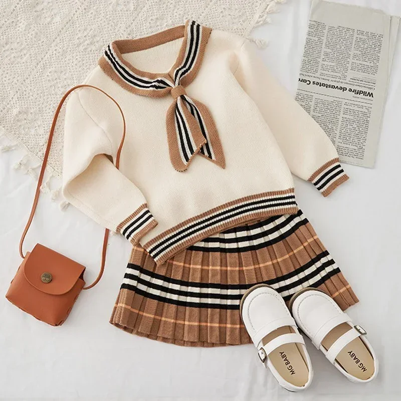 Spring Autumn Girls Knitted 2 Pieces Suit Top+skirt Fall Sets for Children Girls Clothing  Kids Clothes