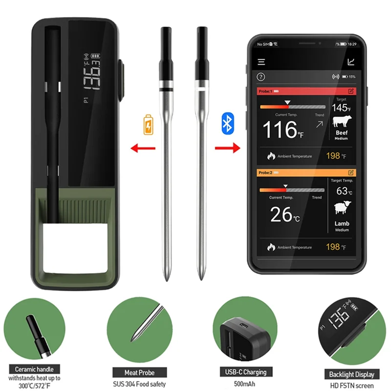 

ABRW-Wireless Food Meat Thermometer Smart Digital Bluetooth BBQ Thermometer For Kitchen Cooking Oven Grill
