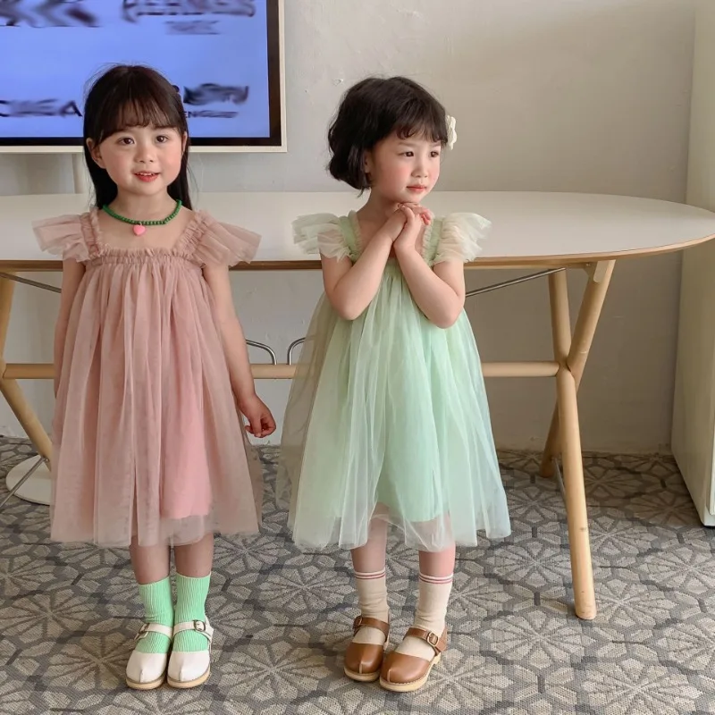 New Summer Dress for Little Girl Flare Sleeves Mesh Solid Color with Suspenders Strap Long TUTU Princess Fluffy Sundress H1261
