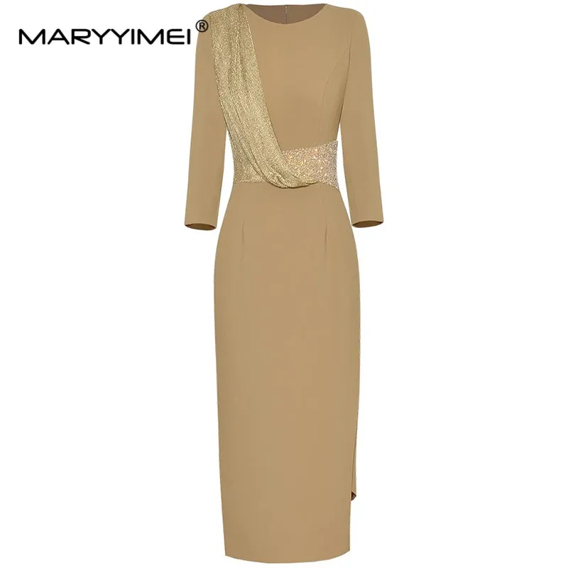 

MARYYIMEI Fashion Women's Spring Advanced Sense Elegant Temperament Round Neck Seven-Point Sleeve Sequin Slim Mid-Length Dress