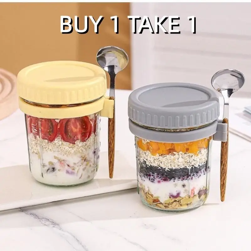 

Reusable 350ml Glass Overnight Oats Jar with Spoon - Airtight Food Storage Container for Oatmeal & Cereal