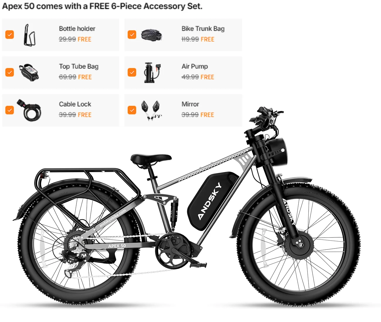 ANDSKY Apex50 AWD Electric Bike 3000W Dual Motor 35MPH 100Miles Long Range 48V/52V 25Ah Removable Battery City Off-Road Electric Bicycle for Adults Full Suspension 26*4 Inch All Terrain Fat Tire E-bike image 6