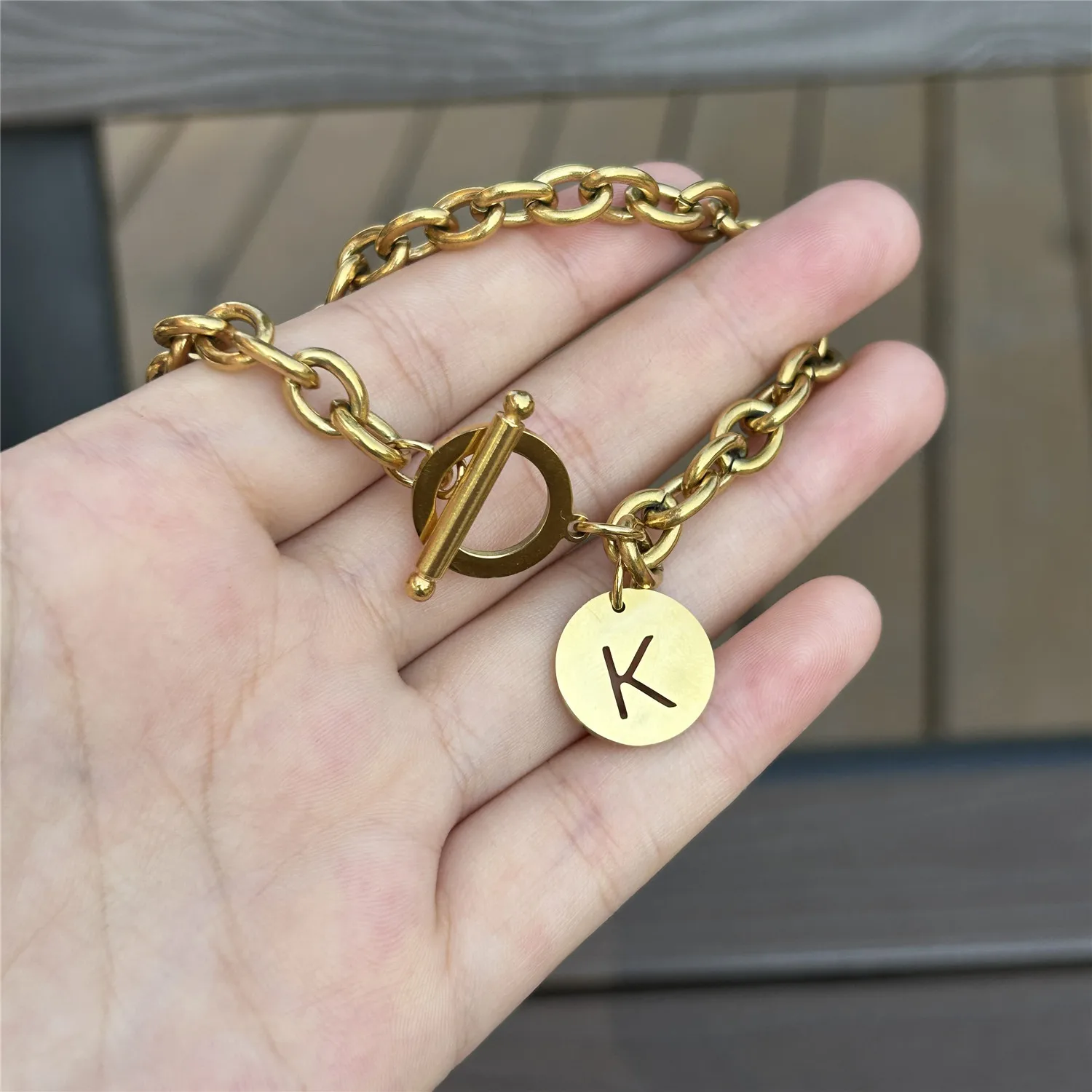 Stainless Steel Coin Initial Letter Bracelet For Women Alphabet Toggle Bracelet Name Jewelry