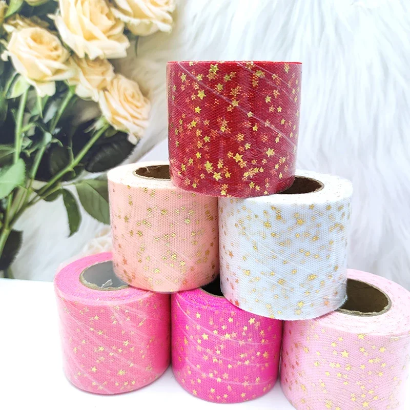 Hot Stamping Star ribbon Bow Mesh Roll DIY Hair Accessories Material Rope Net Decoration Tulle Craft Ribbons Gift Bow Packaging