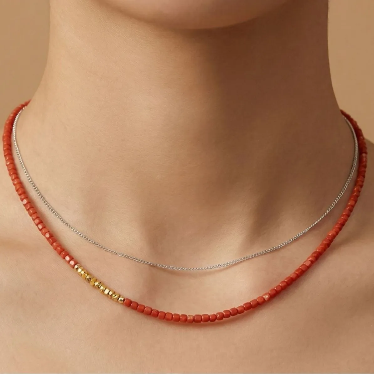 Guochao New Chinese Niche Design Nanhong Agate Corner Cut Square Grain Real Stone Crushed Silver Beaded Simple Necklace Bracelet