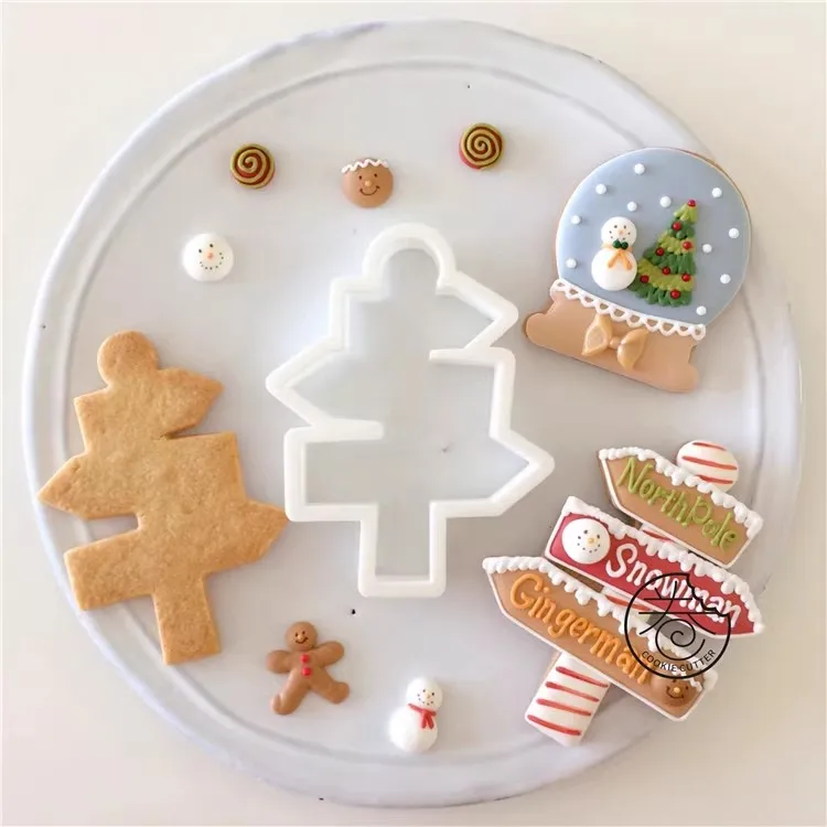 Christmas Gingerbread House Cookie Cutter Signpost Crystal Ball Biscuit Stamp Xmas Tree Hanging Decoration DIY Hand Pressed Mold