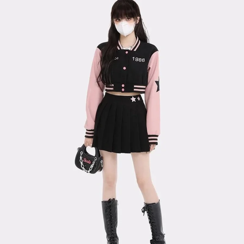 Hikigawa Chic Fashion Women Baseball Clothes Vintage Streetwear Stripe Contrast Color Short Coat+High Waist Mini Pleated Skirt