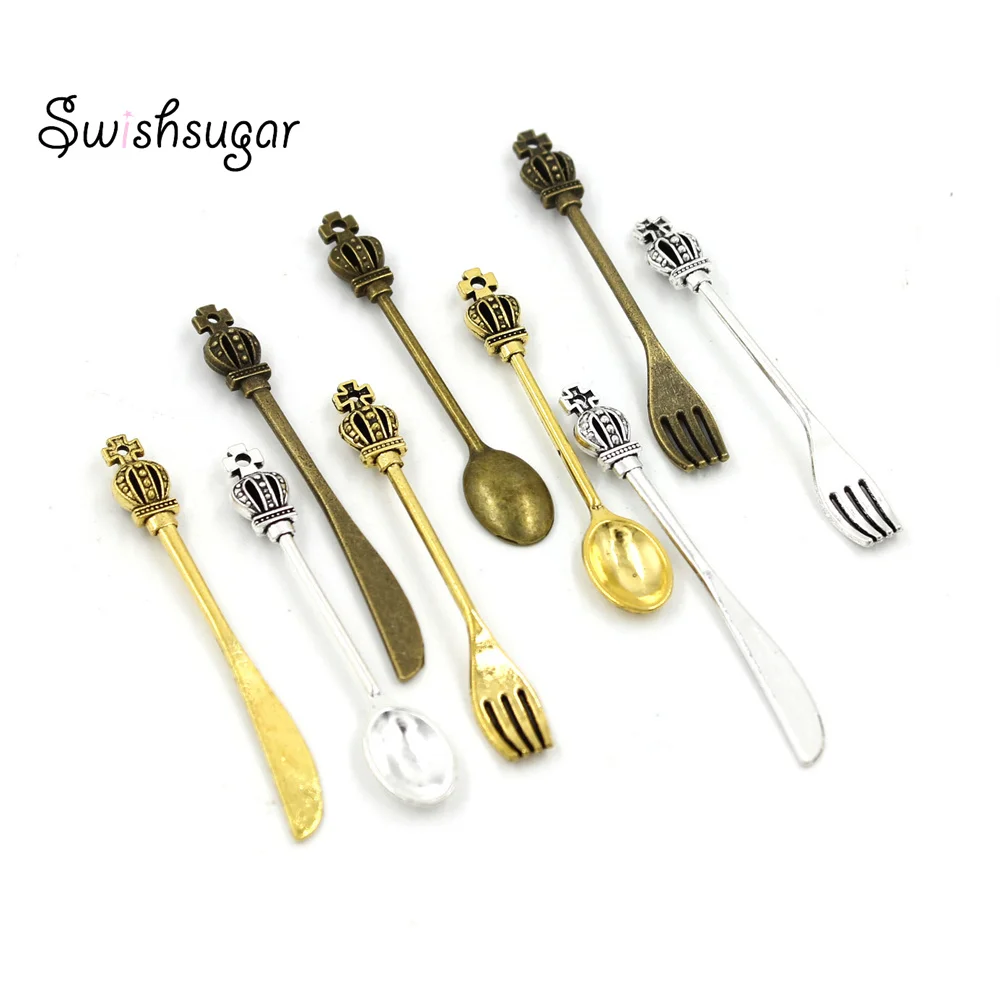 

3pcs/set Vintage Antique Metal Crown Fork Knife Spoon Set Charms Pendant For DIY Jewelry Hanging Keychain Making Accessories