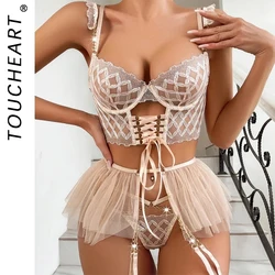 Toucheart Diamond Embroidery Sexy Strappy Mesh Tutu Skirt Lingerie Set Push Up Bra Hot Girl Underwear Luxury Support Underwear