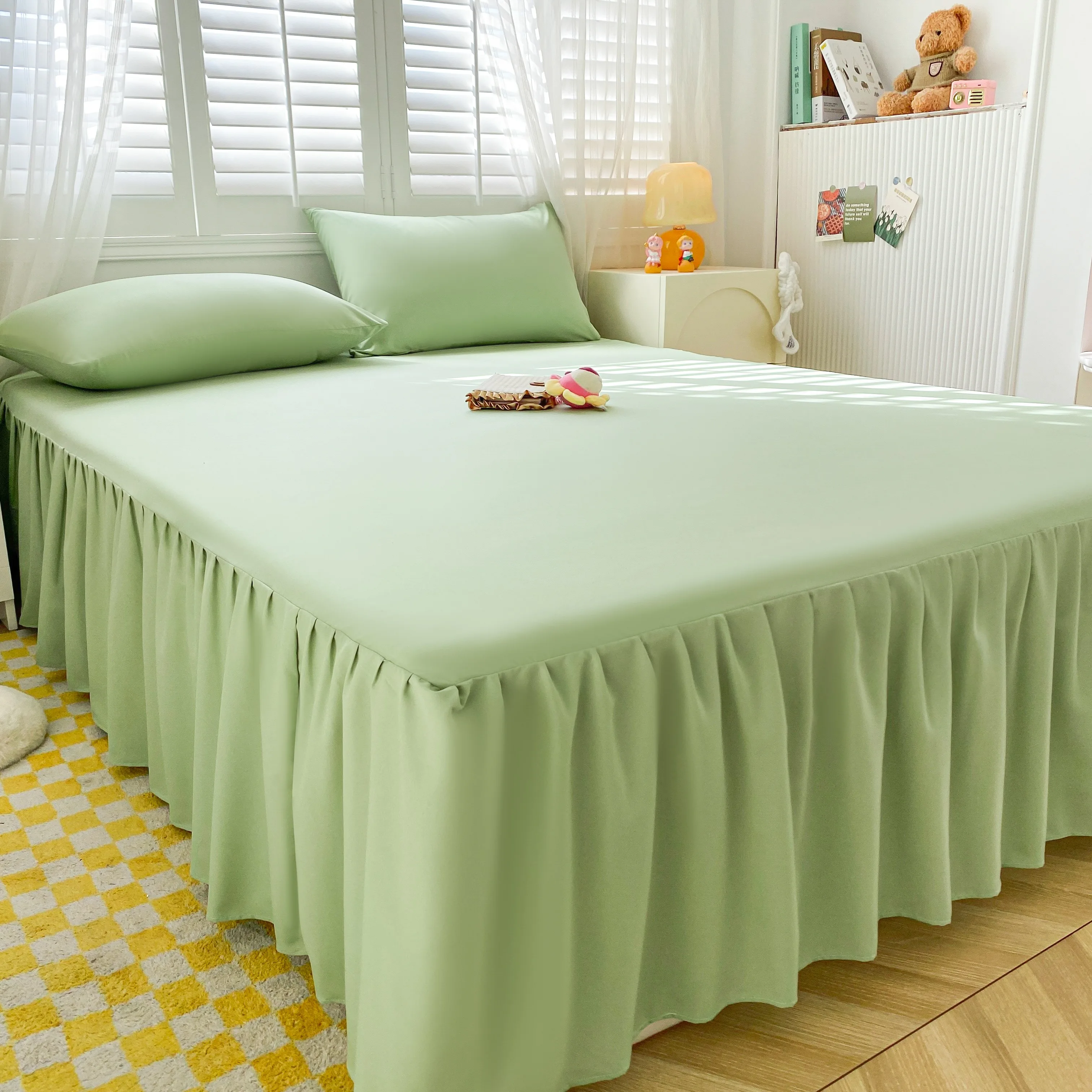 Sage Green Bed Skirt Bedding Elastic Easy Wrap Around Ruffles with Adjustable Elastic Belt 14 Inch Drop for Women Men Bedroom