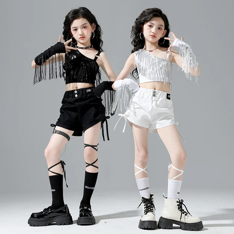 

Kid Hip Hop Clothing White Black Sequin One Shoulder Crop Tank Top Street Drawstring Shorts for Girl Jazz Dance Costumes Clothes