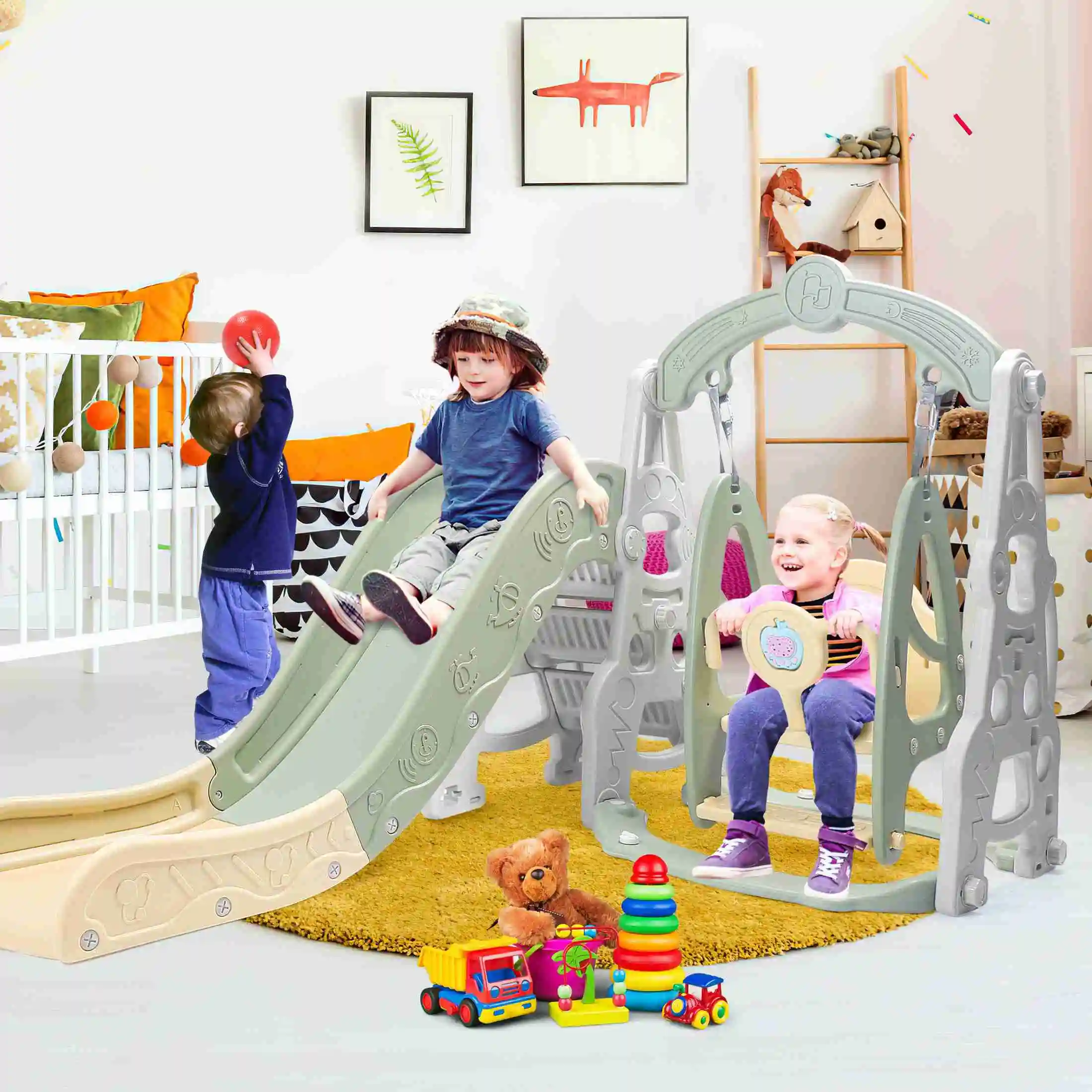 

4 in 1 Slide Swing Set 4 in 1 Slide Fully Enclosed Pedal Enhanced Safety Easy Set Up Playground Slide Swing Playset Green