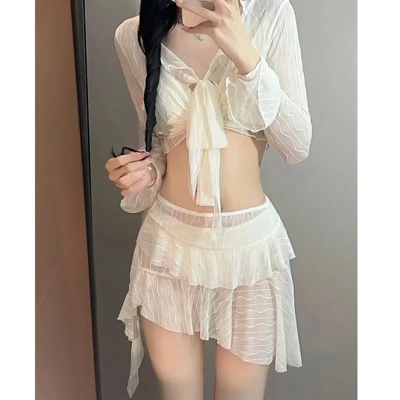 セクシーなビキニ水着、女性用コンサバティブなスリムカバーアップセット、スプリット水着、4点セット、ビーチバケーション