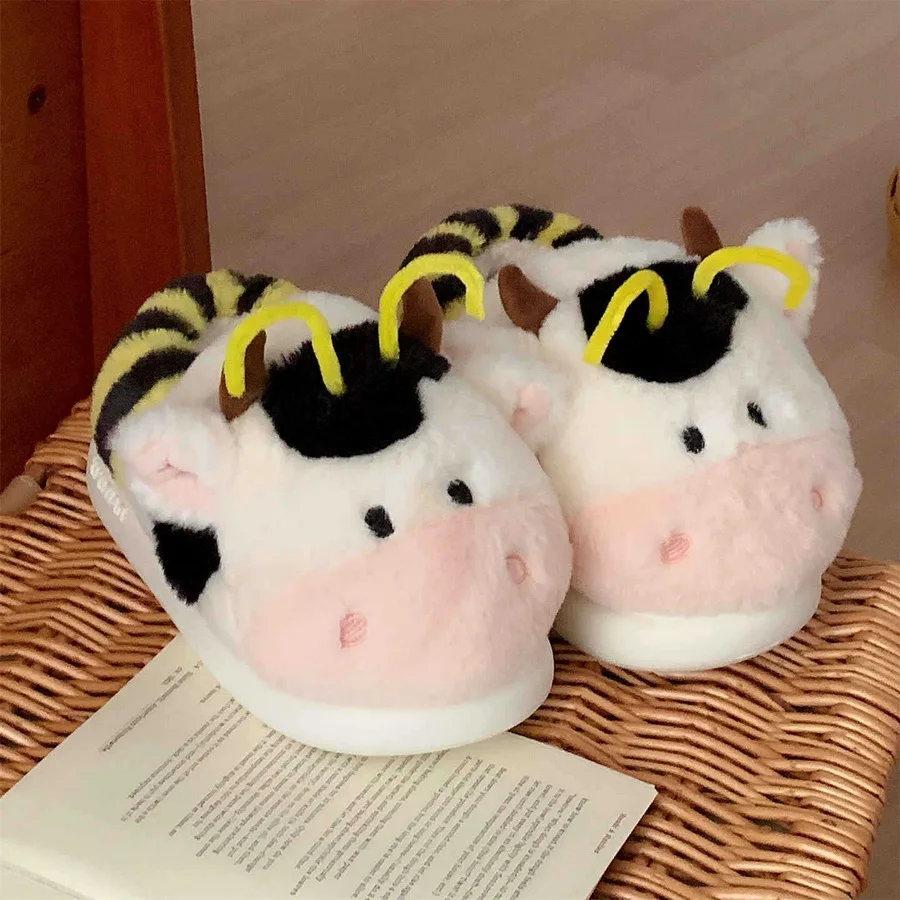 

New funny bee cow slippers for women winter warm fuzzy home shoes woman animal design indoor room slipper lady closed back shoes