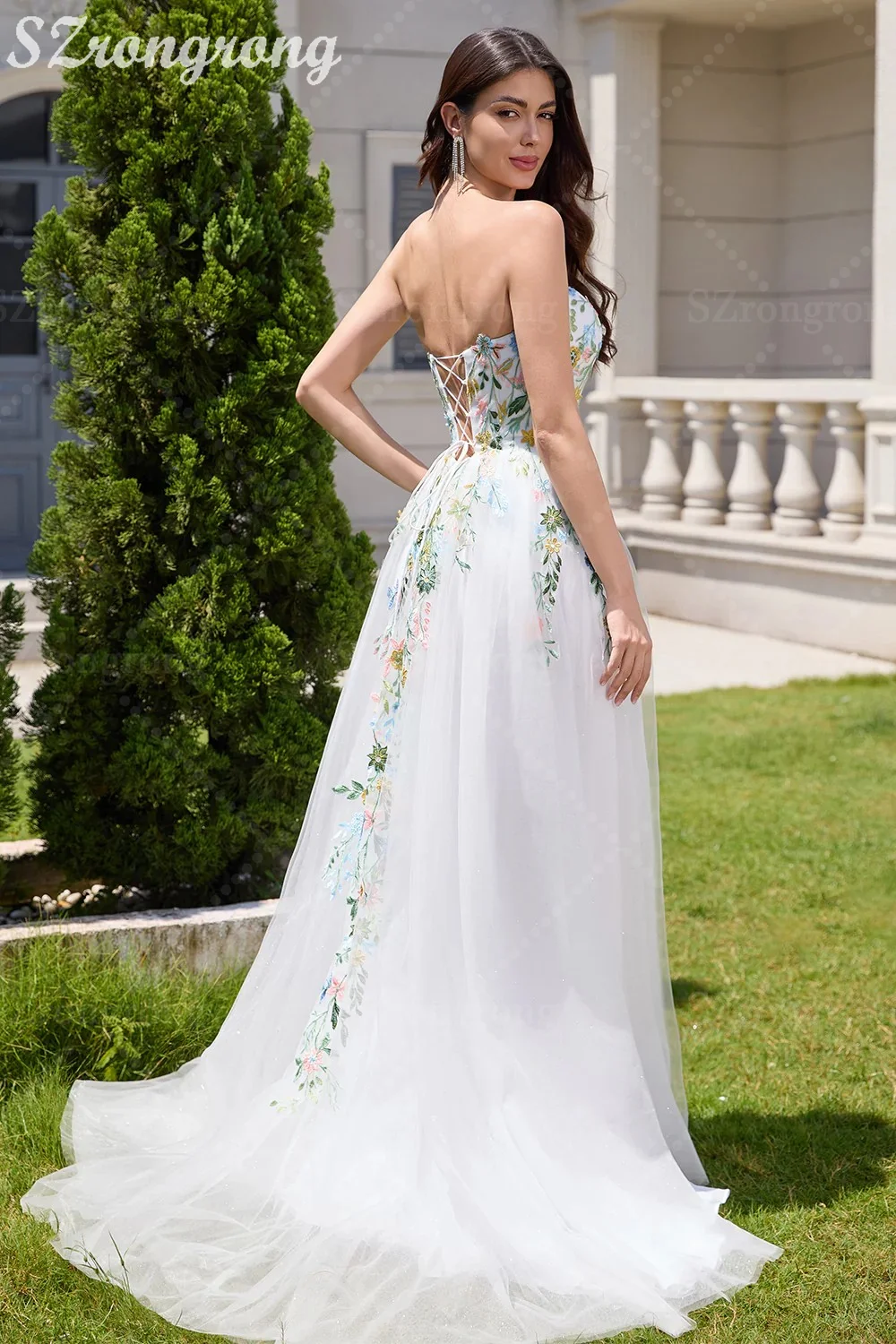 Vestido de novia elegante con cuello barco, apliques de tul y encaje, corte en A, con cordones en la espalda, largo hasta el suelo, con tren, hecho a medida