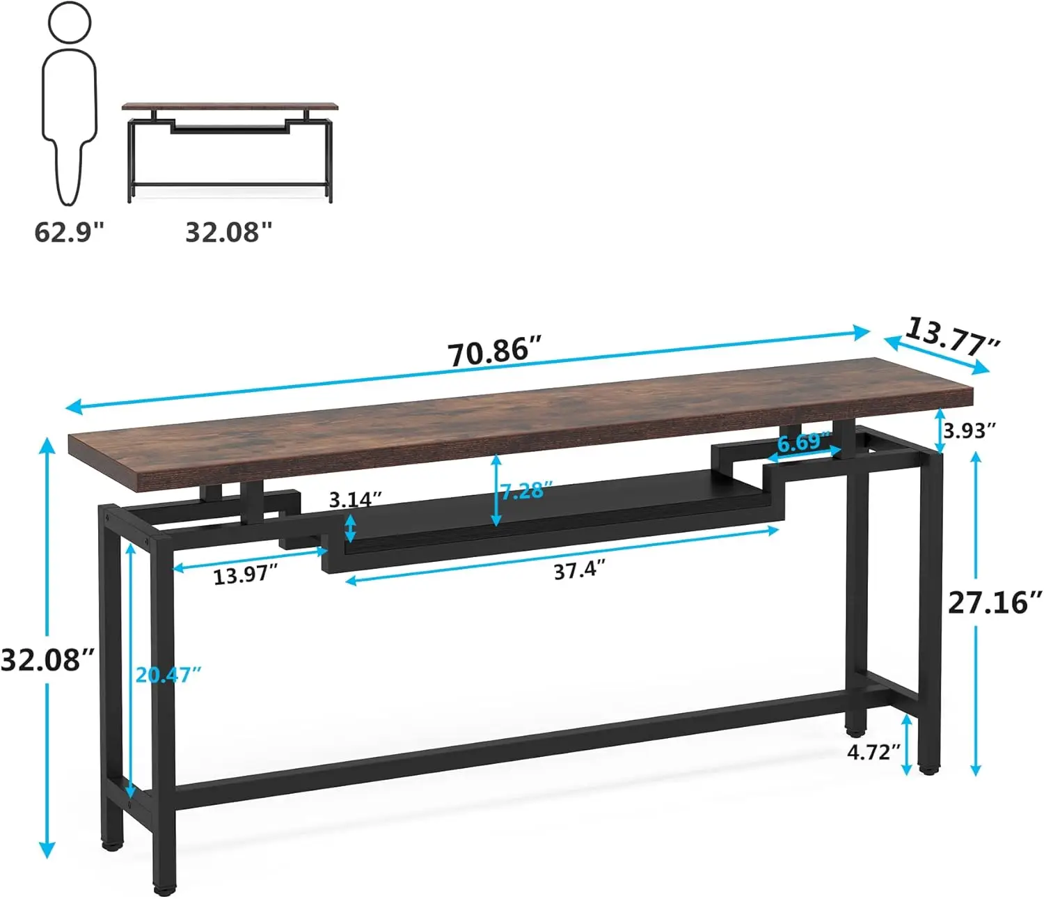 70 inch Sofa Table, Narrow Long Console Table with 2 Tiers Industiral TV Console Behind Couch Table with Storage for Entryway