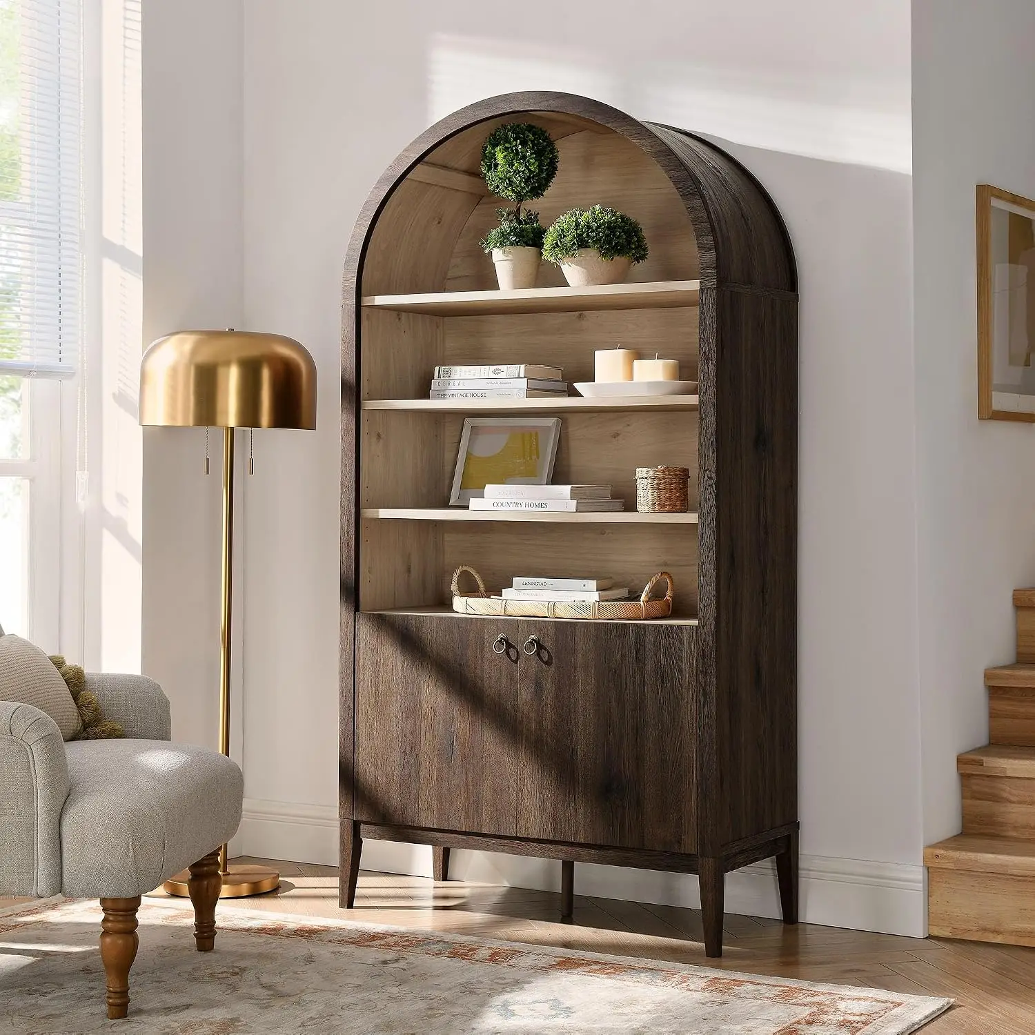 Arched Storage Cabinet 74 Inch Bookshelf Open & Closed Shelving Modern Accent Living Dining Room, Customized