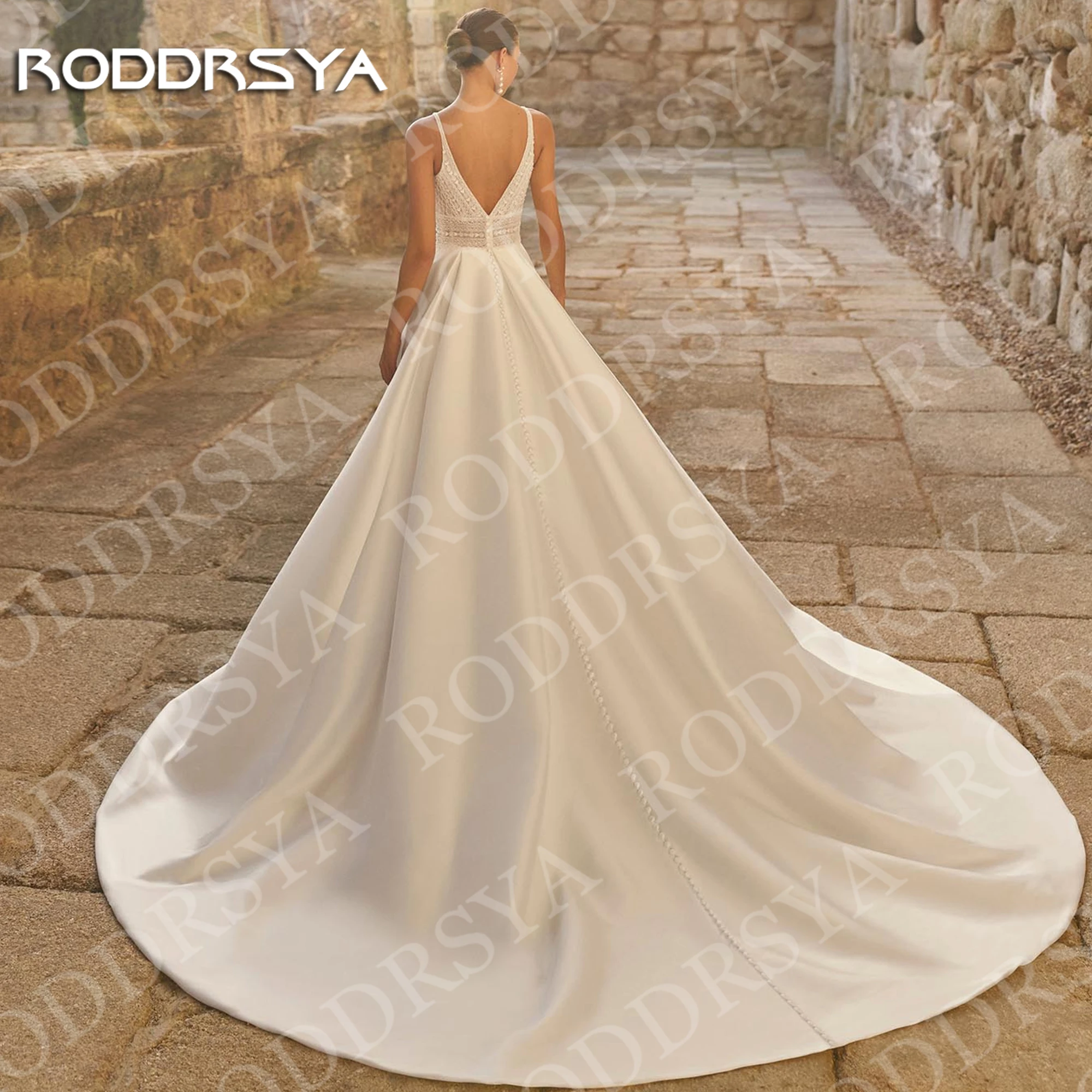 RODDRSYA Boho Sleeveless Wedding Dress Satin A Line Deep V Neck Lace High Slit Bridal Dresses Customized Robe De Mariée 2026