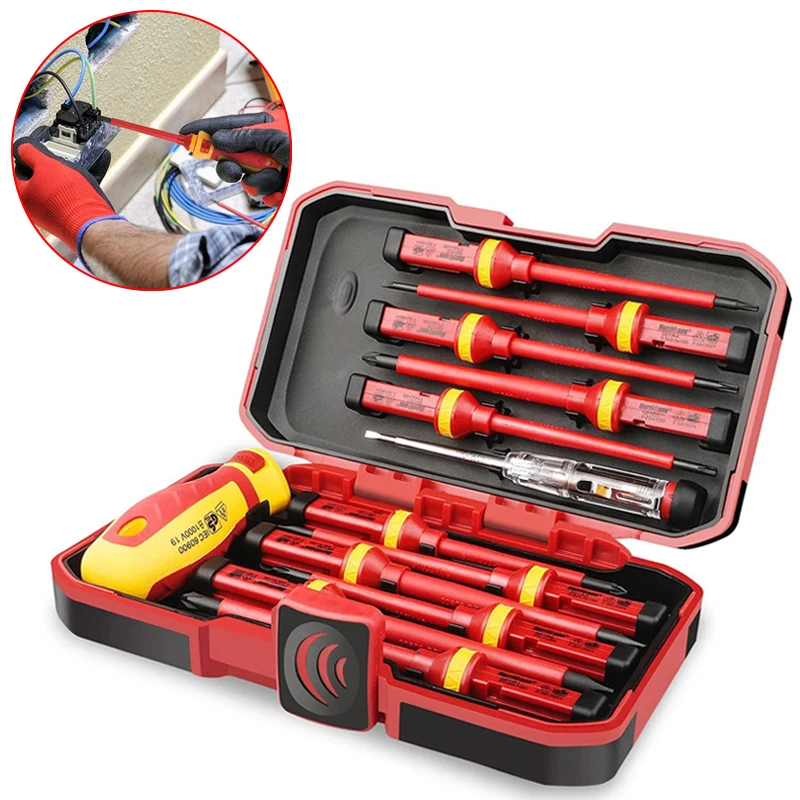 13Pcs 1000V Changeable Insulated Screwdrivers Set with Magnetic Slotted Phillips Pozidriv Torx Bits Electrician Repair Tools Kit