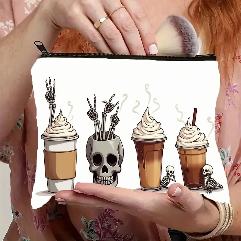 1 Piece of Quirky Skull Coffee Print Pattern Makeup Bag - Multifunctional Zipper Pouch for Women, Perfect Travel Zipper Storage Bag, Fun Birthday Gift