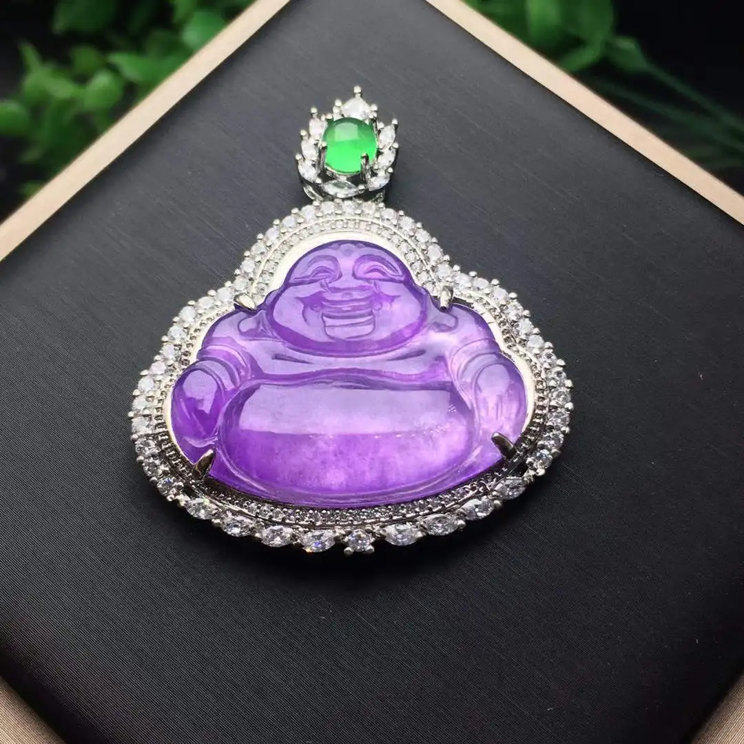 Ice Violet Incrustados Buda Natural Jadeite Mão-esculpida Jade Exquisite Refinado Pingente Colar Cadeia Fine Jewelry