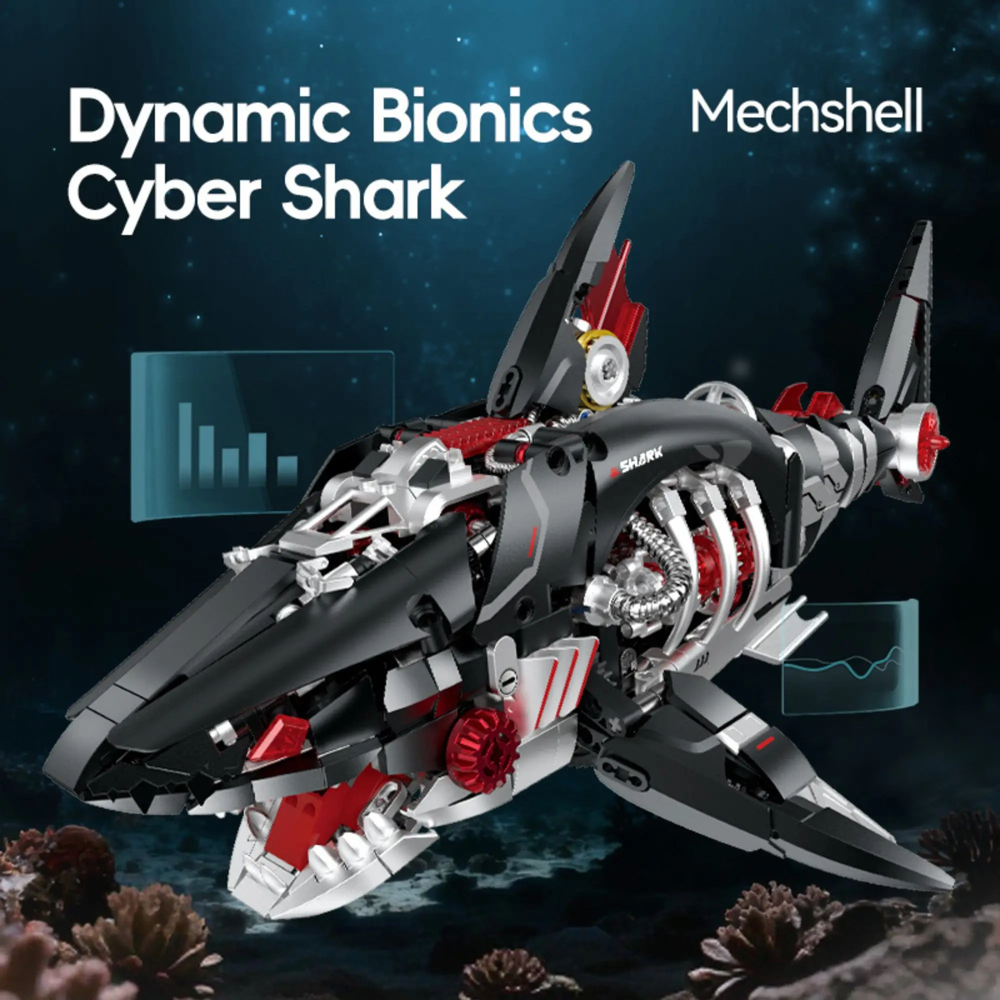 1100PCS Mechanical Cyber Shark Building Blocks Deep Sea Predator Mecha Animal Model Bricks Desktop Display Toy Gift for Adults