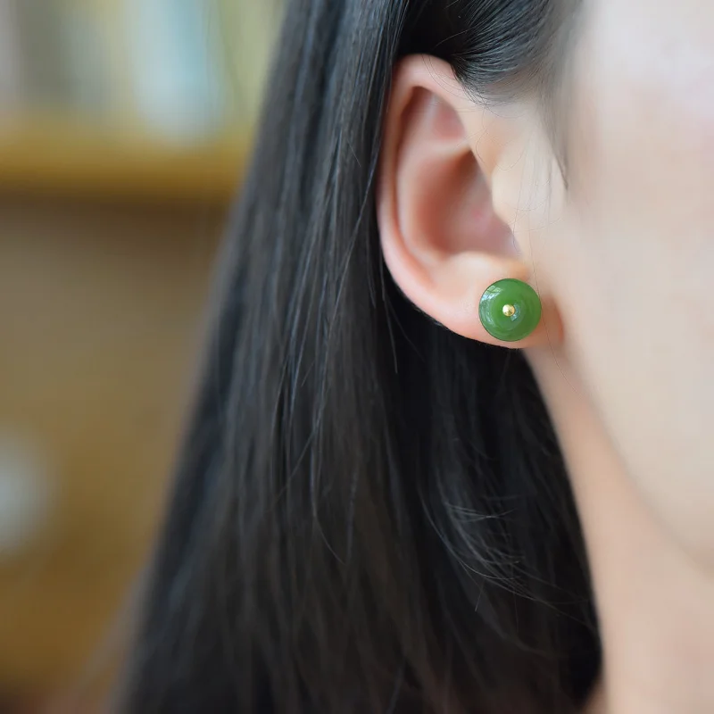 Low-Key Versatile Natural Hetian Jade Jasper Earrings with Certificate 18K Gold Inlaid Peace Buckle Jade Earrings