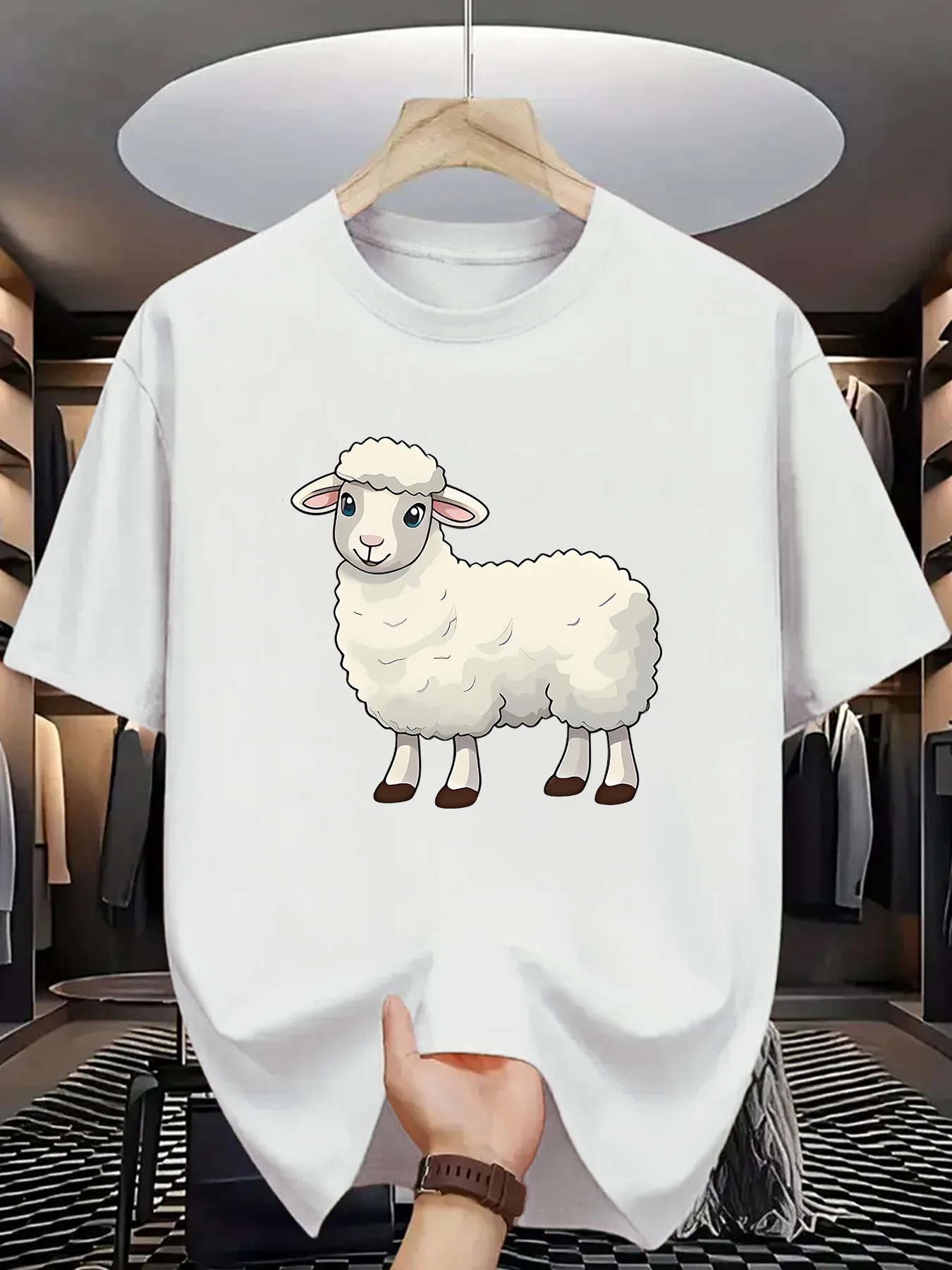 Cartoon Sheep Graphic T Shirt For Men Adorable Fluffy Lamb Crew Neck Tee Farm Animal Print Casual Male Daily Outfit Tops
